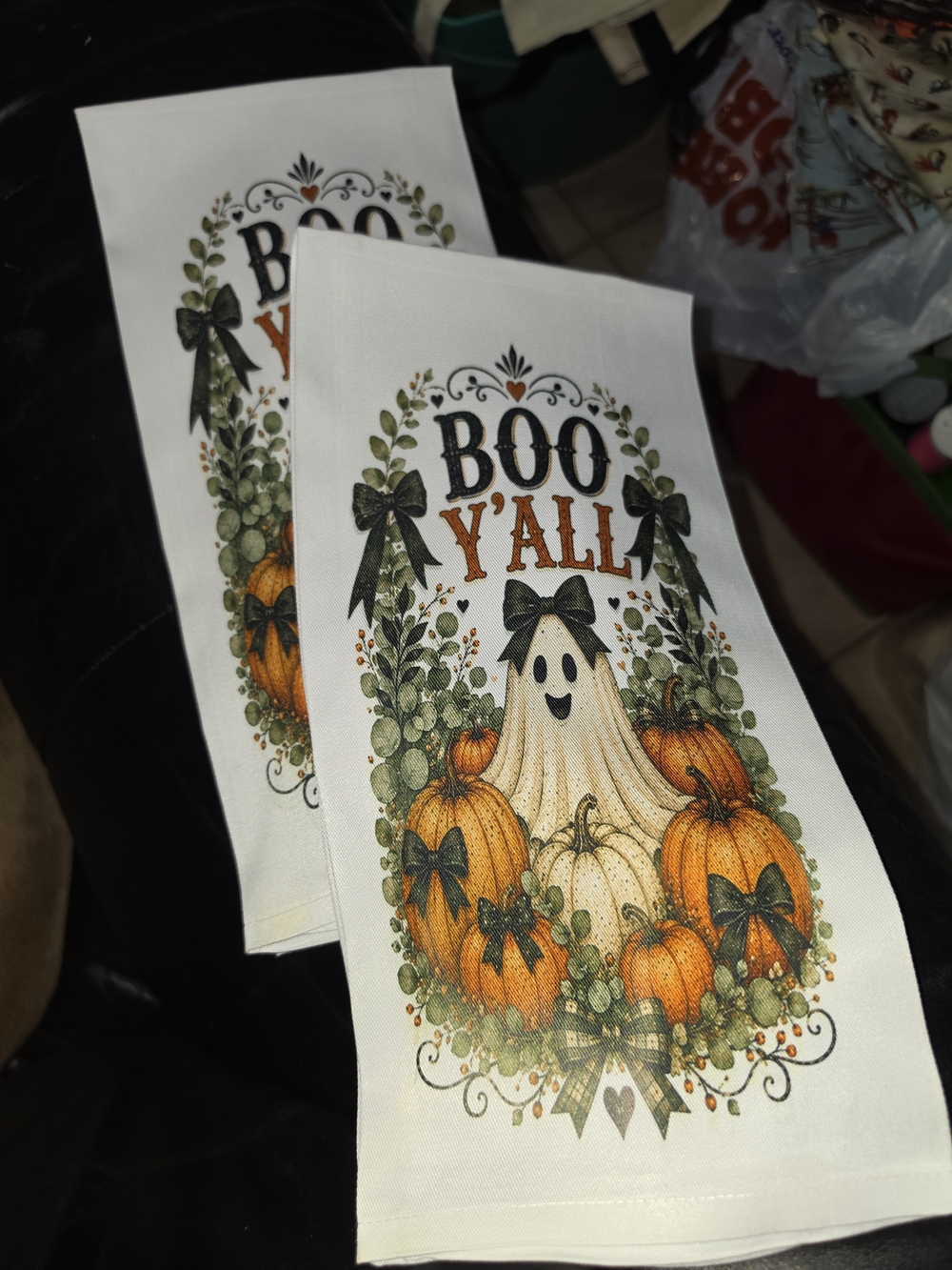 Boo Y'all Halloween Kitchen Towel - White with Orange & Green Pumpkin Design